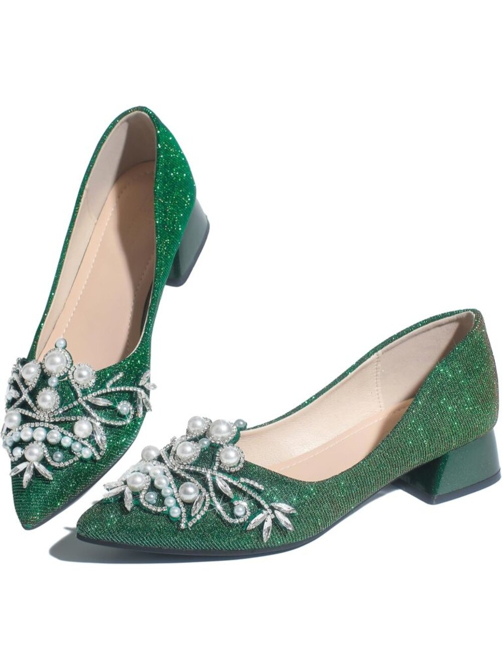 👑Women's Rhinestone Fashion Pointed Toe Pearl Diamond Low Heel Dress shoes